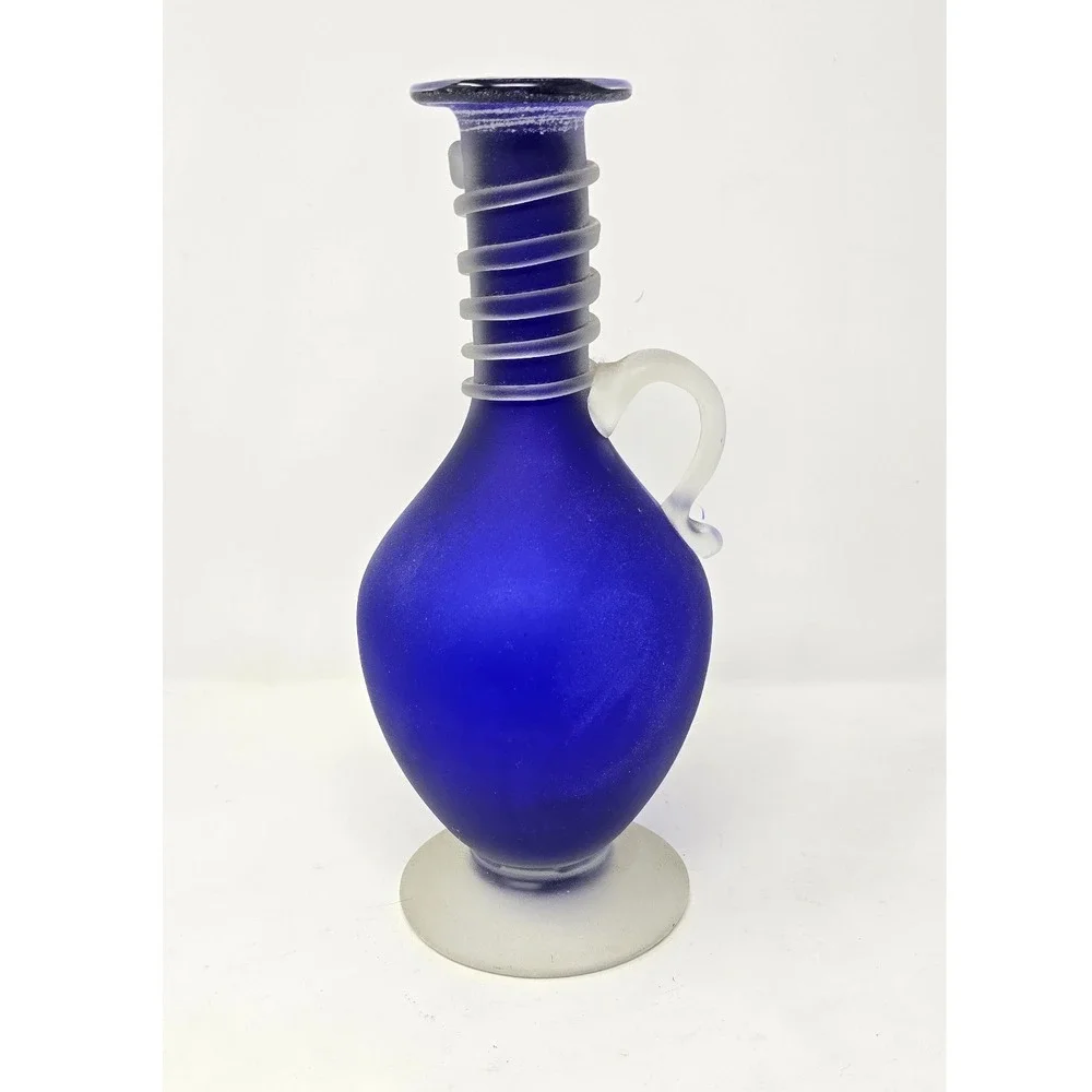 Vtg Murano Italian Scavo textured hand blown art glass cobalt blue vase pitcher